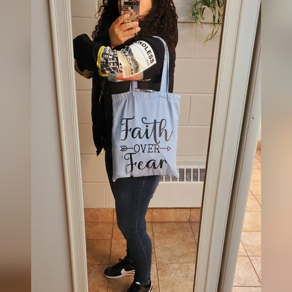 Custom thoughtfully made Hand-dyed Blue Tote Bag Faith over Fear - Picture 2 of 3